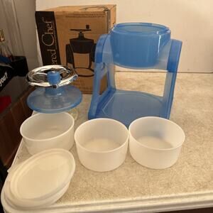 Pampered Chef Translucent Blue Ice Shaver & 3 White Ice Bowls with Covers #2945